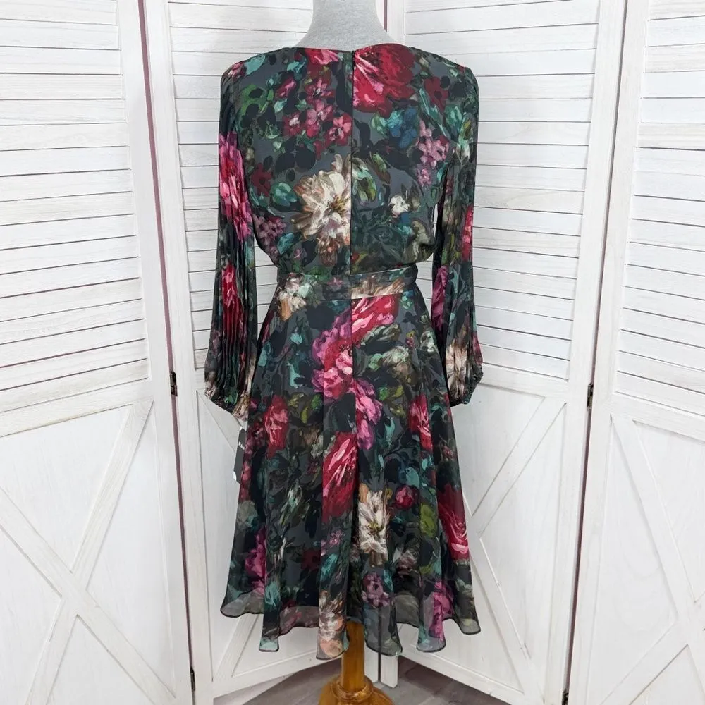 Maison‎ Tara Dark Floral Pleated Sleeve Chiffon Fit Flare Dress Black Multi 10 - Image 6