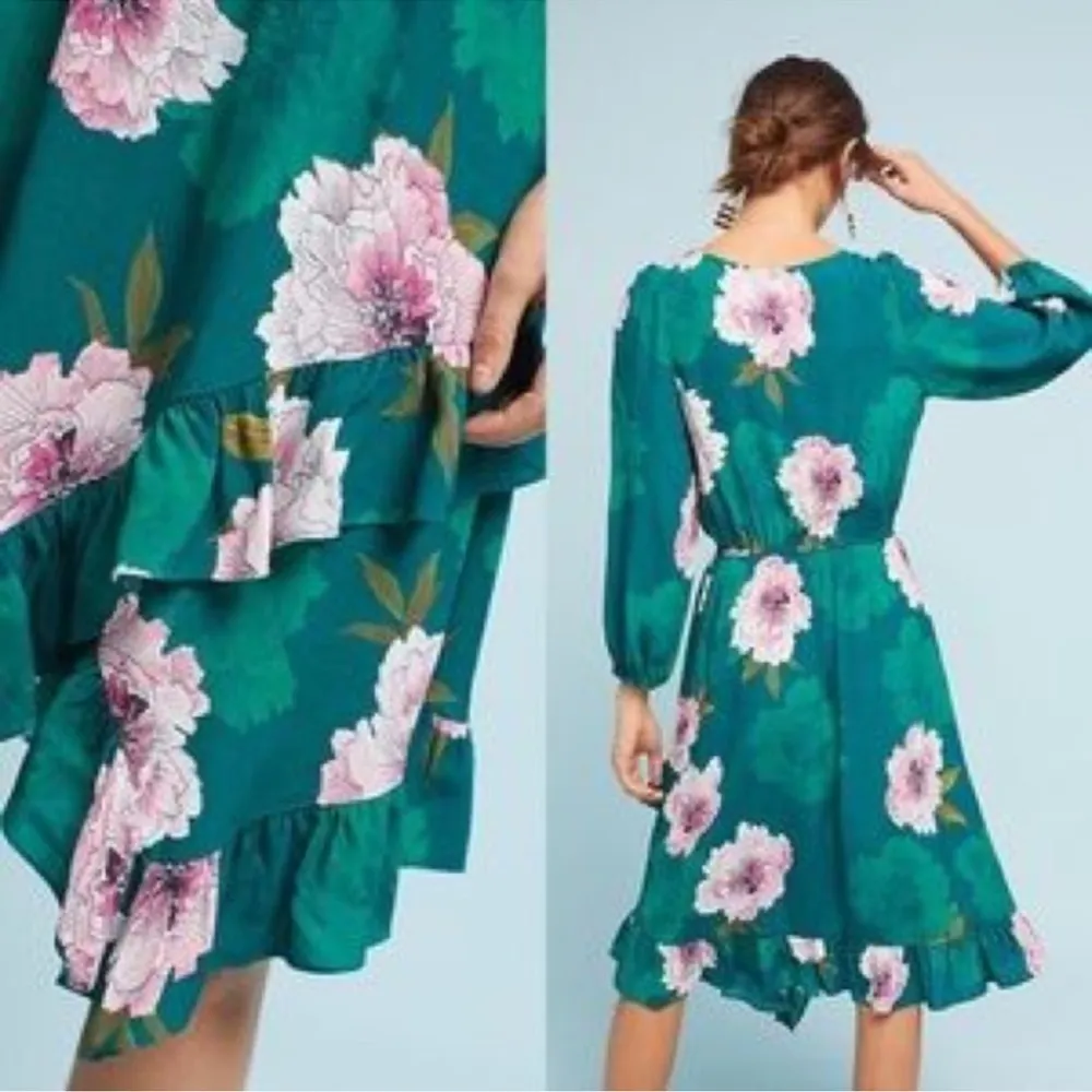 Anthropologie Plenty by Tracy Reese Aleah Floral Short Sleeve Flowy XS Ruffles Green - Image 3