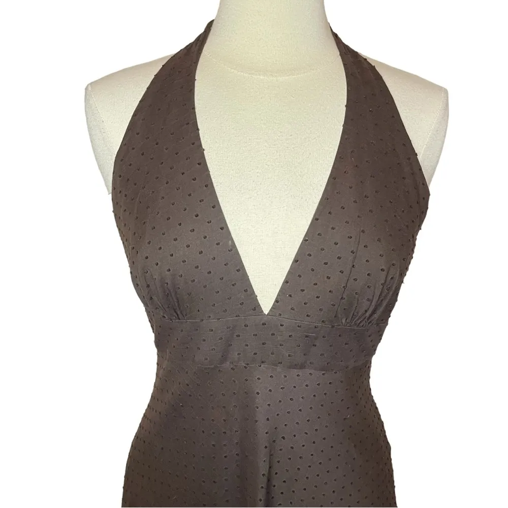 J.CREW Brown A-Line Halter Midi Dress w/ Textured Swiss Dots - Image 2