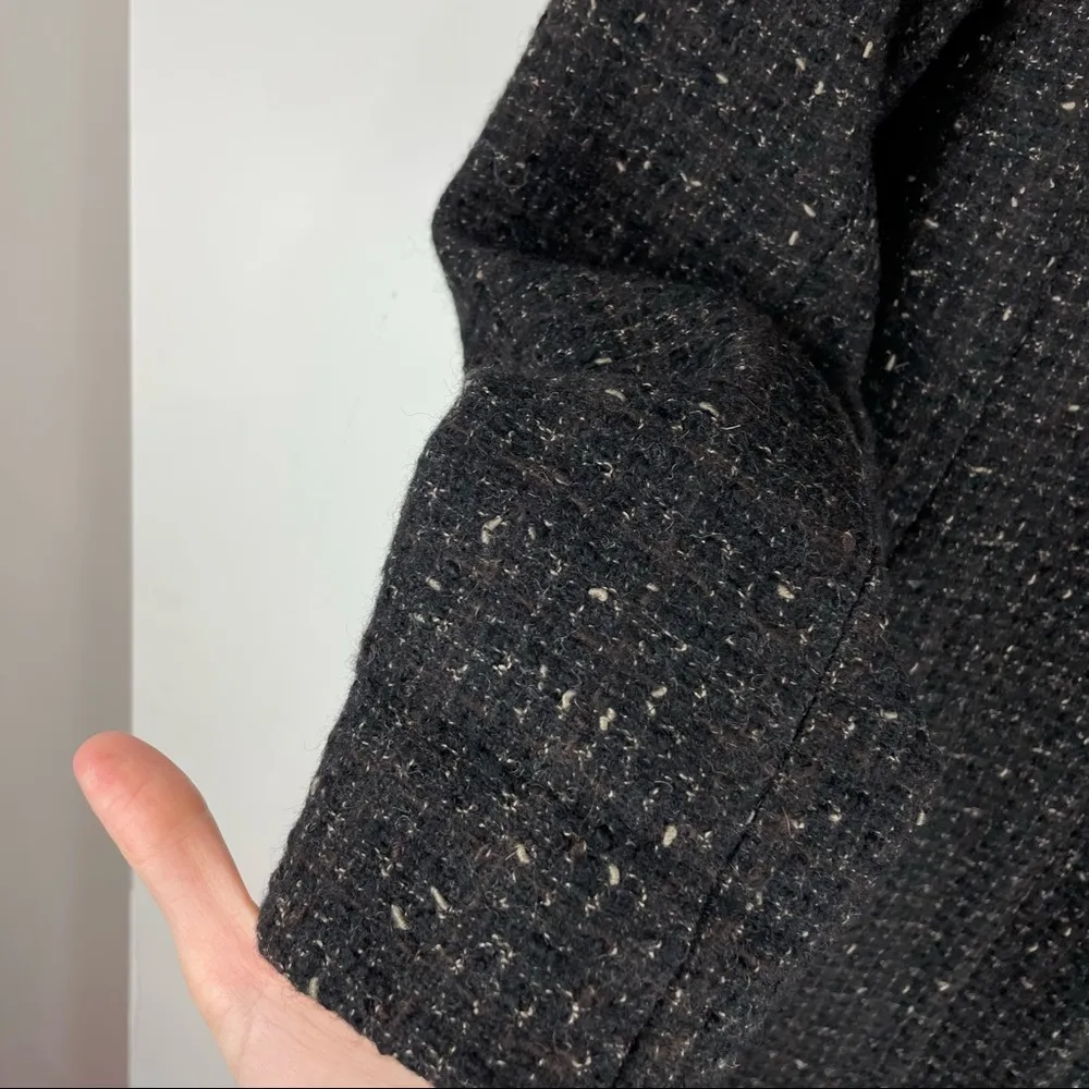 DKNY Black Brown Tweed Wool Ruffle Longline Coat Jacket Sz 4 - Image 9