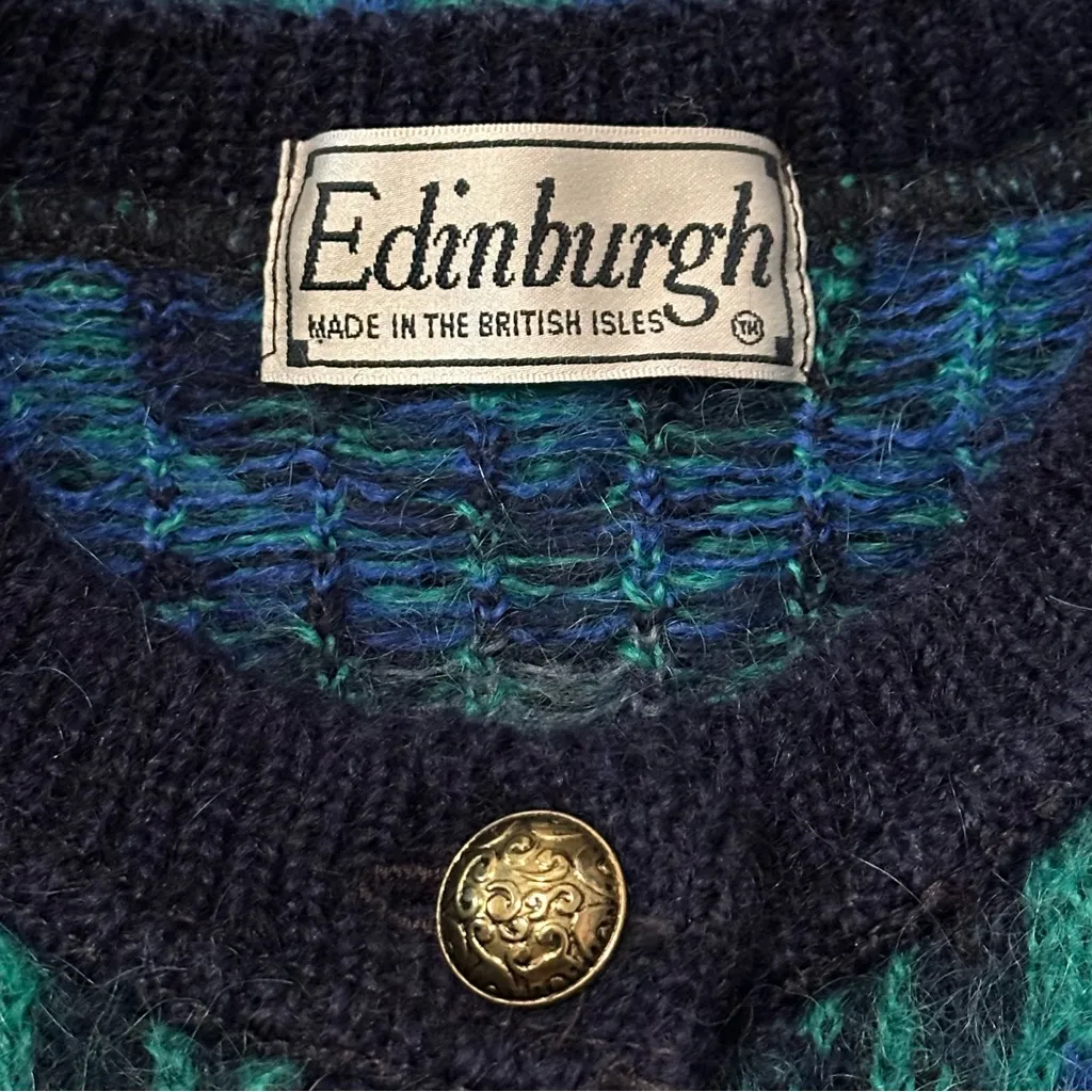 Edinburgh Vintage Size M Blue Black Fair Isle Knit Mohair Blend Cardigan Sweater Size M - Image 4