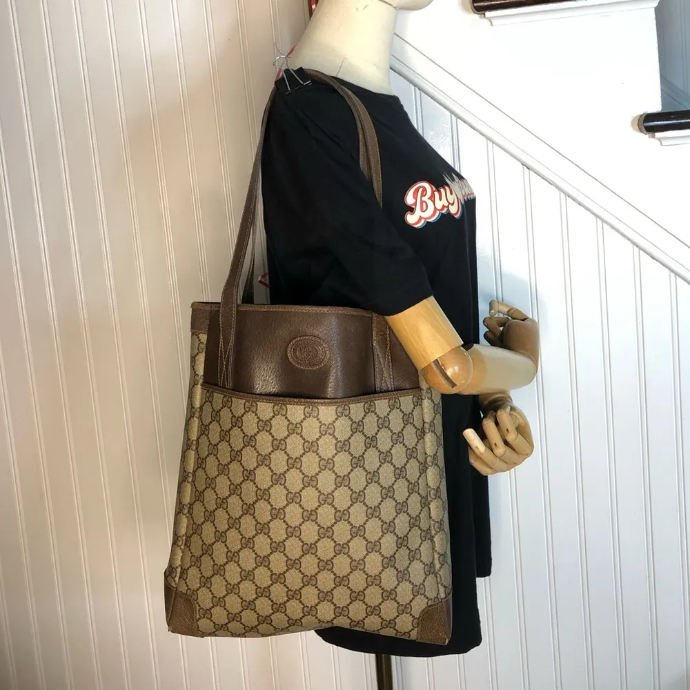 GG Tote Shoulder Bag Leather Handles Coated Canvas KNIGHT ZIPPER PULL VTG - Image 13