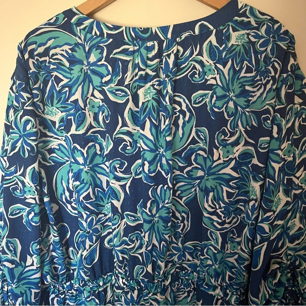 Molly & Isadora Keene Ruched Sleeve Dress Blue Tropical Knee Length Size 4X - Image 6
