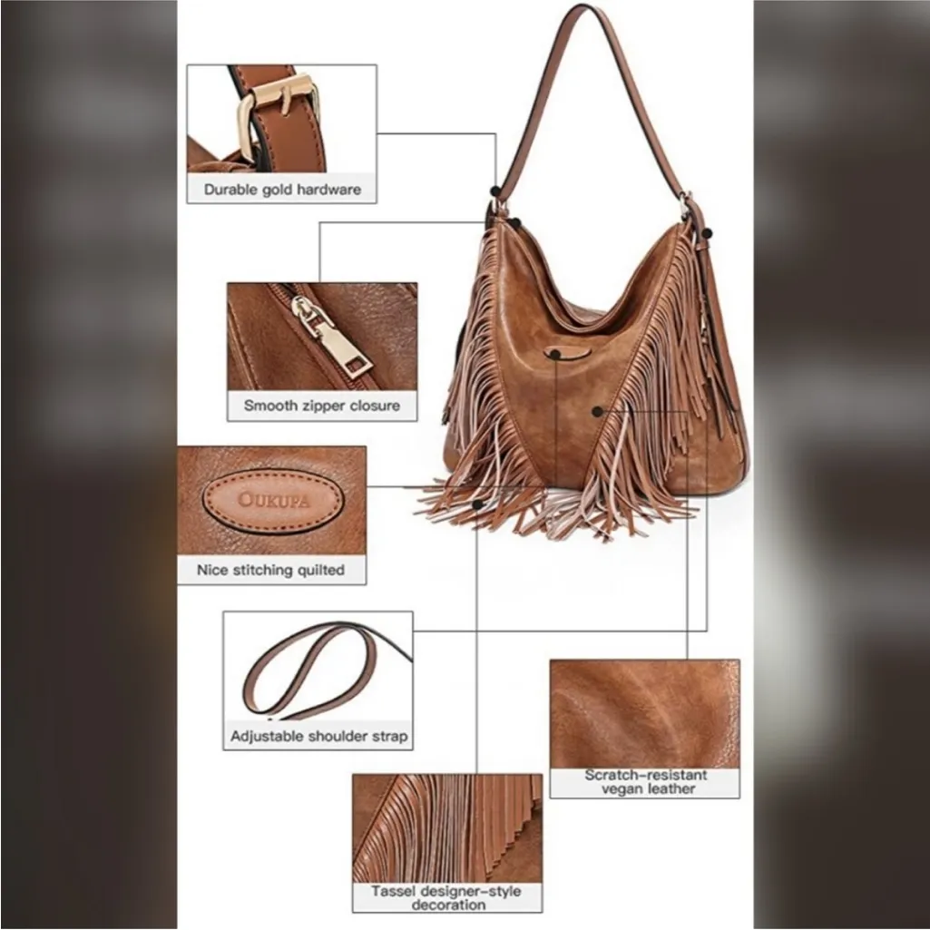 Oukupa Brown Faux Leather Western
Fringe Shoulder Bag - Image 13
