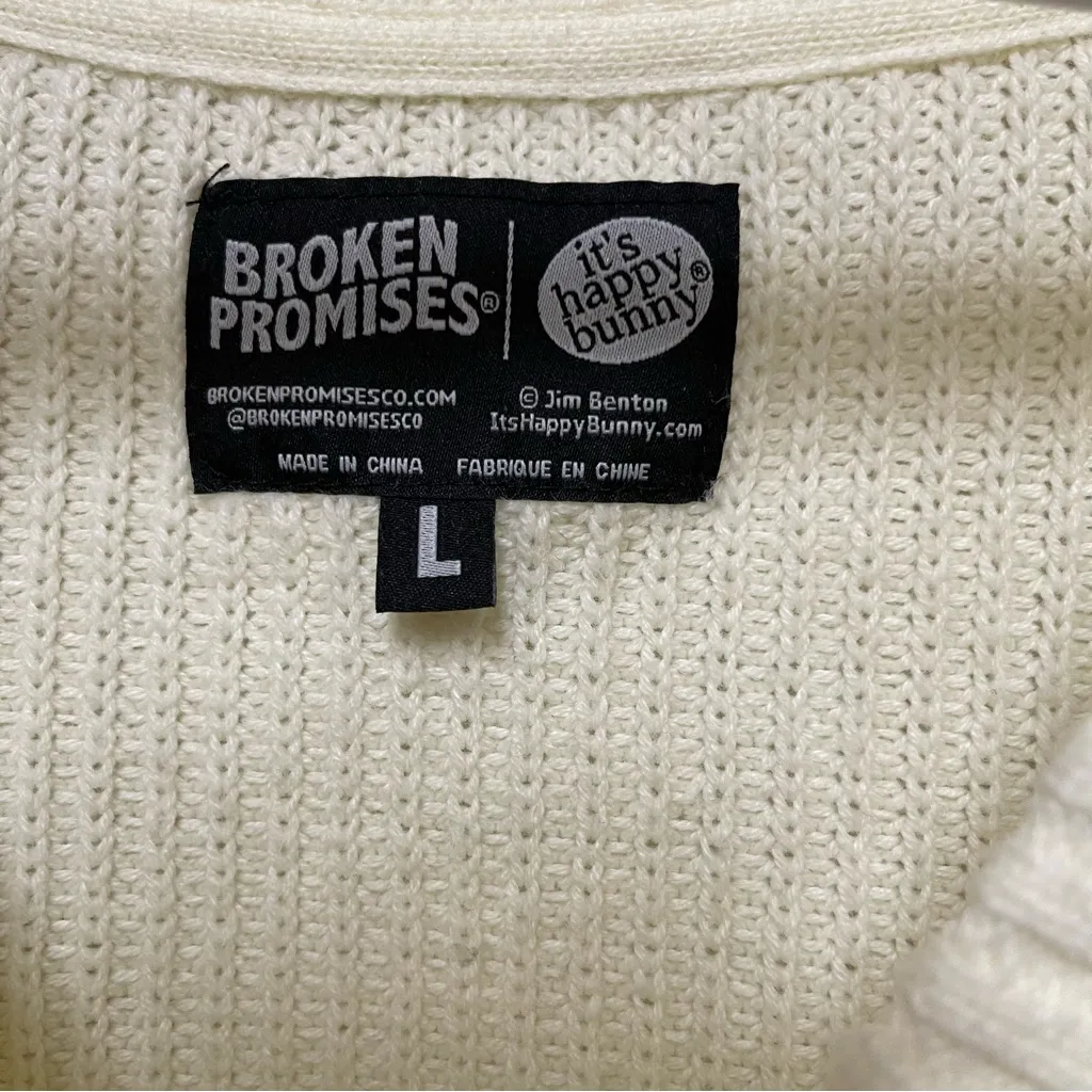 Chunky Knit Cropped Cardigan Sz L Happy Bunny Oversized Y2K Indie Sleeze Kidcore - Image 6