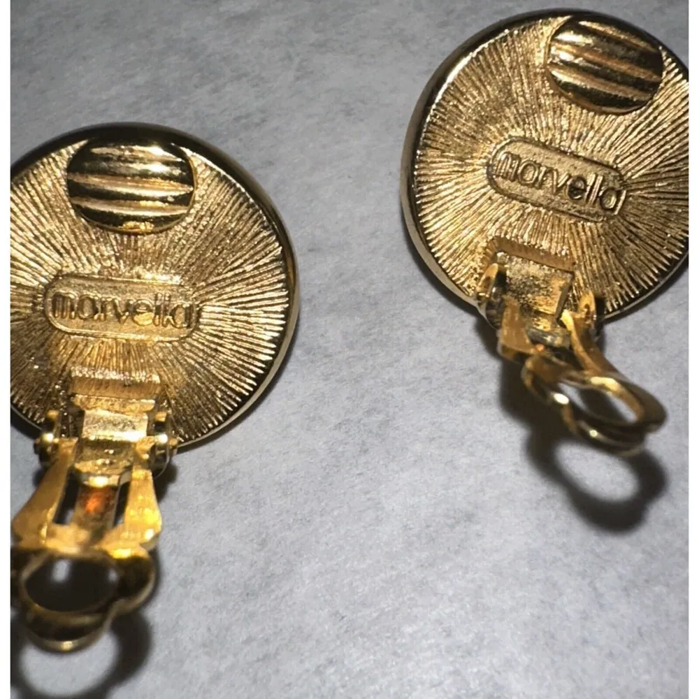 Marvella Gold Tone Faux Pearl Cabochon Rhinestone Halo Earrings Clip On - Image 4