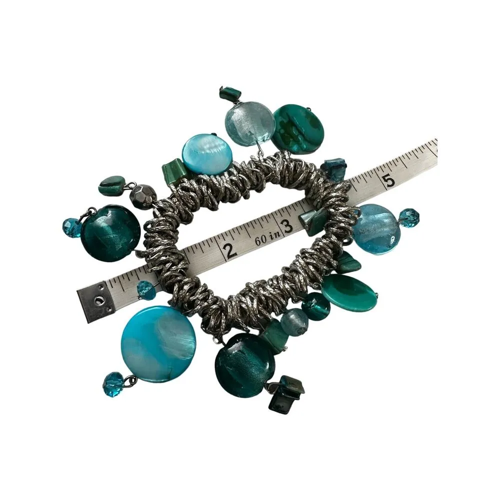Blue Glass Bead and Shell Stretch Bracelet - Image 3
