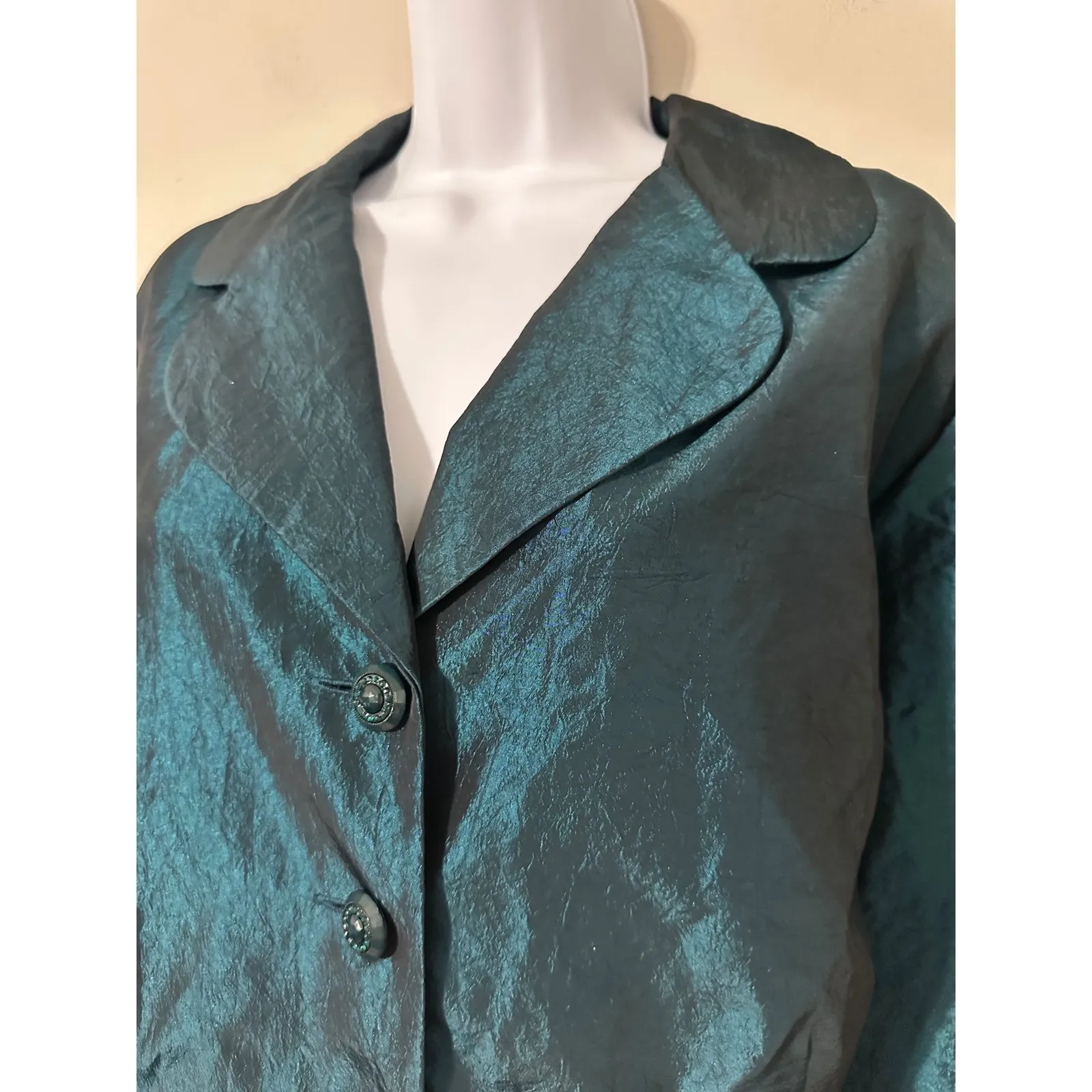 LE BOS Teal Shimmer Brocade Blazer Jacket 22W 3/4 Sleeve Embellished Buttons Green - Image 3