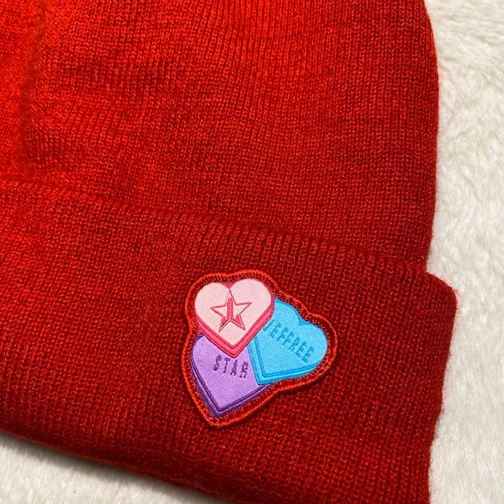 Jeffree Star Red Candy Heart Knit Beanie EUC - Image 2