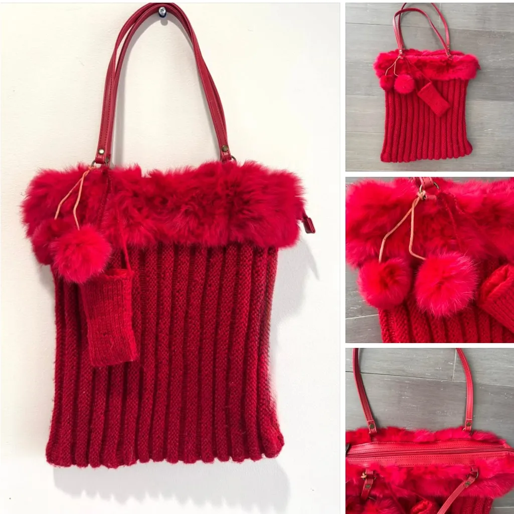 Murval Red Knit Shoulder Bag with Faux Fur Trim Y2K holiday vibe - Image 11