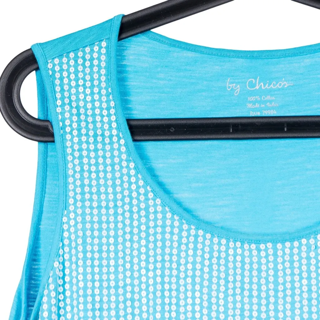 Chicos Sequin Tank 1 M 8 Blue White Cotton Stretch Scoop Neck Slimming Design - Image 2