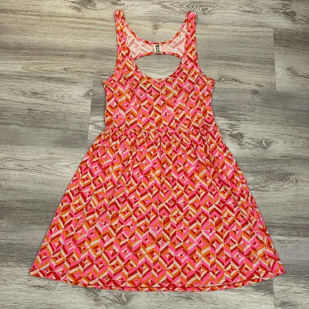 Orange, Red, White & Pink Abstract Print Cut Out Back Sleeveless Sundress M - Image 4