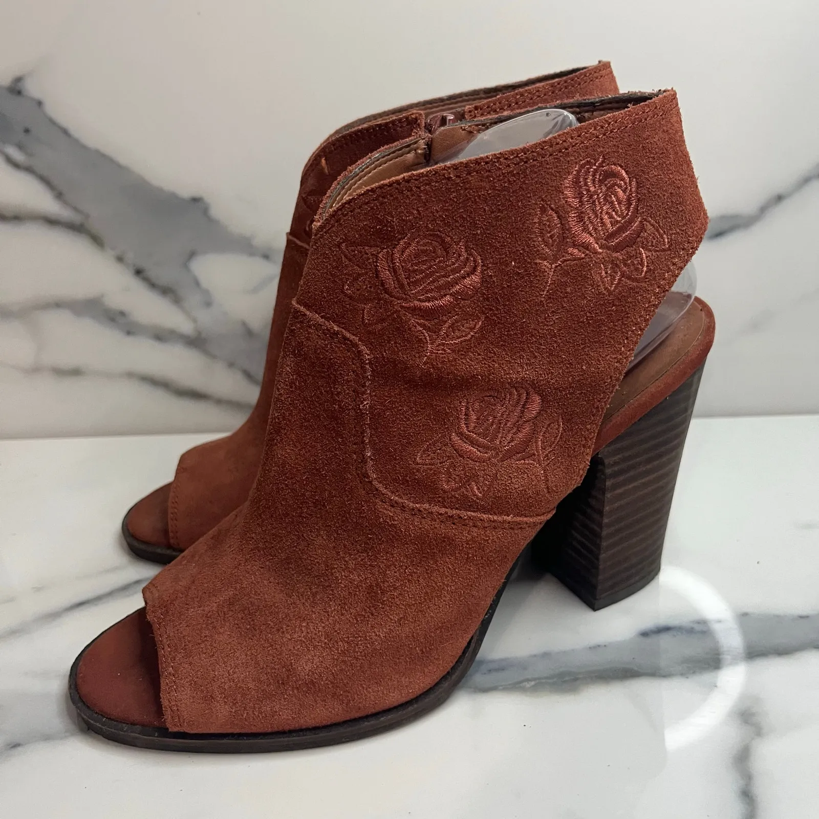 Lucky Brand Womens Rust Brown Leather Listana Bootie Sz 9 Festival Boho Peep-Toe - Image 3