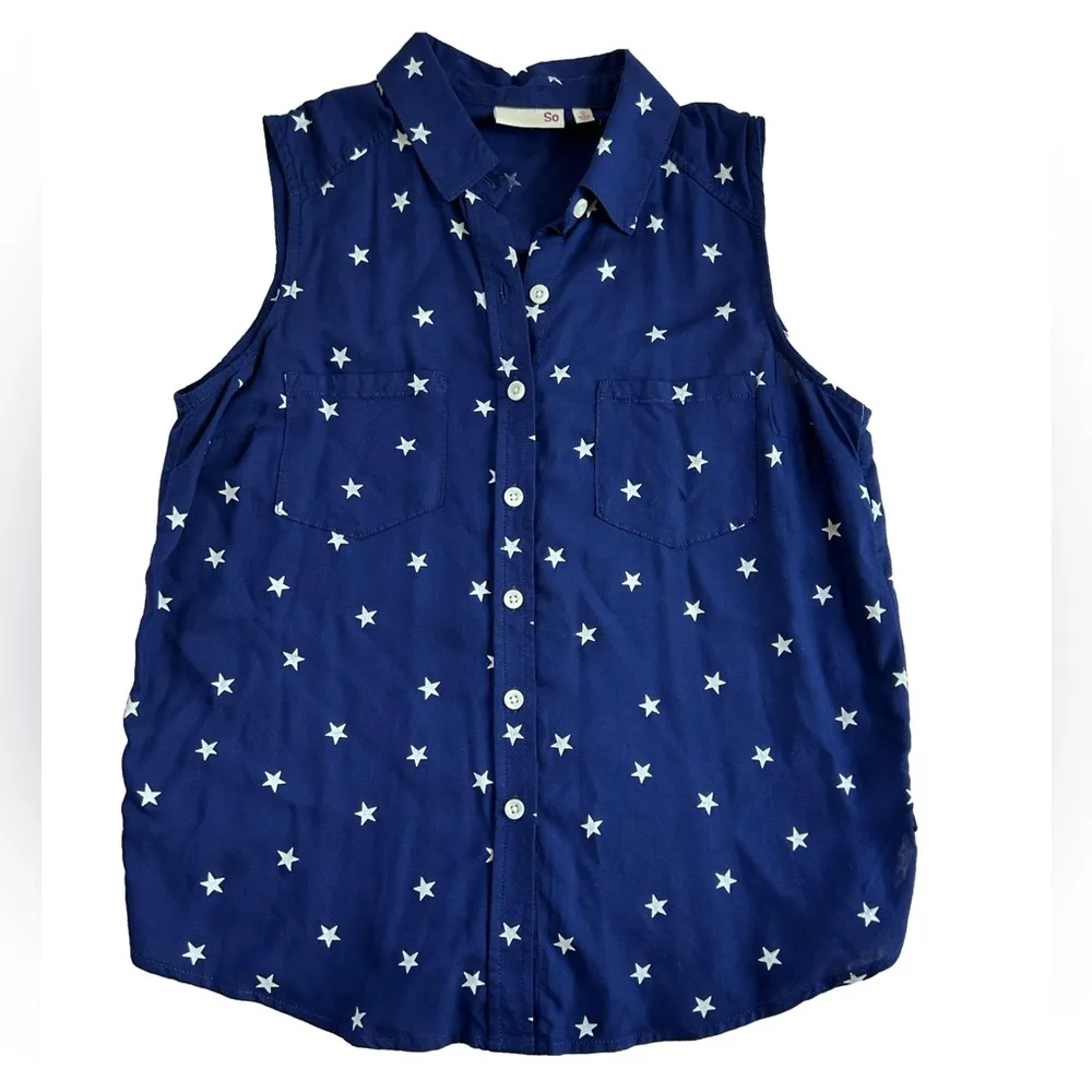 SO Juniors' ® Sleeveless Utility Open Pocket button down Star print Tank Top SM - Image 2