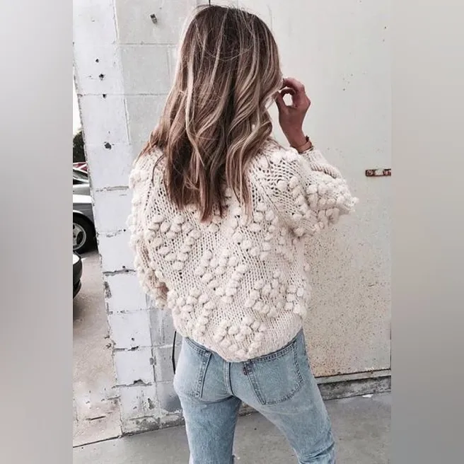 Chicwish Womens soft heart shaped balls Thick open Cardigan Sweater ivory cream - Image 4