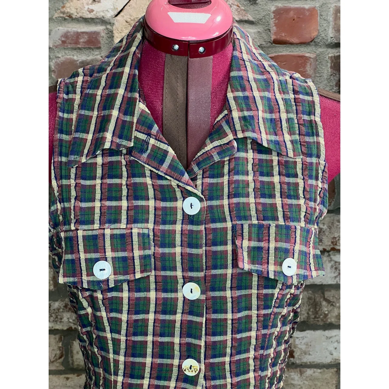 Be Smart fitted plaid dress collar button front green maroon 1990s Size 10 - Image 3