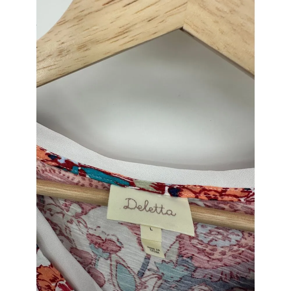 Deletta Babydoll Tank Women Large Pink Red Floral Sleeveless VNeck Boho Feminine - Image 6