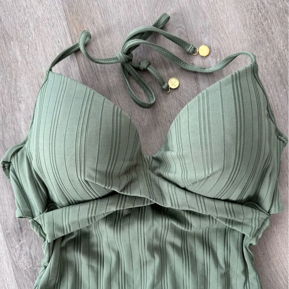 Vince Camuto One Piece Halter Swim Suit Green Women’s 10 Molded Cups - Image 3