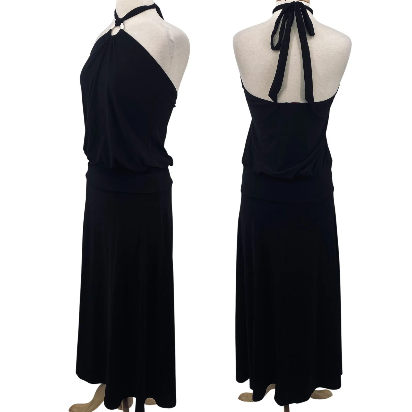 Vintage Y2k Halter O Ring Maxi Dress Blouson Bodice Stretch Knit Black Womens M Size M - Image 3