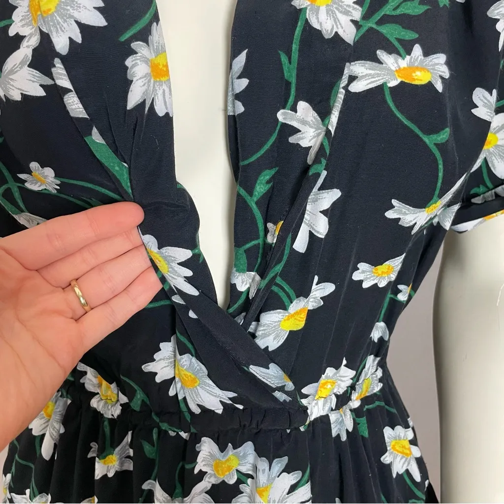 Handmade Daisy Dress Floral Print A-Line Country Retro Short Sleeves Black White - Image 15