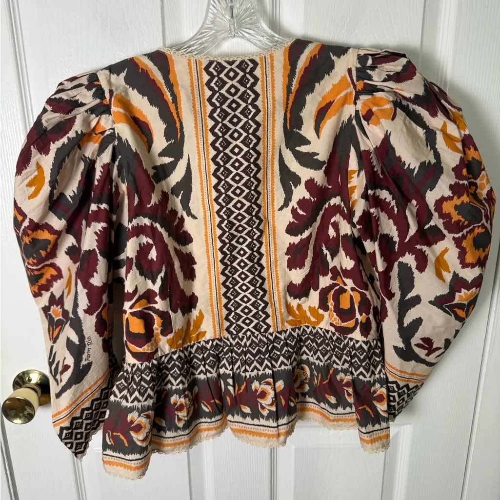 Farm Rio Toucans Scarf Cream Puffed Sleeve Blouse XL - Image 6