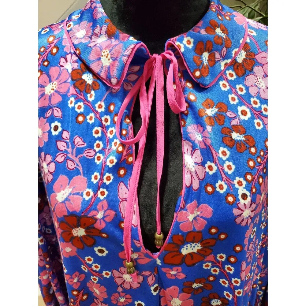 Free People Daisy Jane Mini Dress Botanical Combo Floral Tie Neck Size Small - Image 4