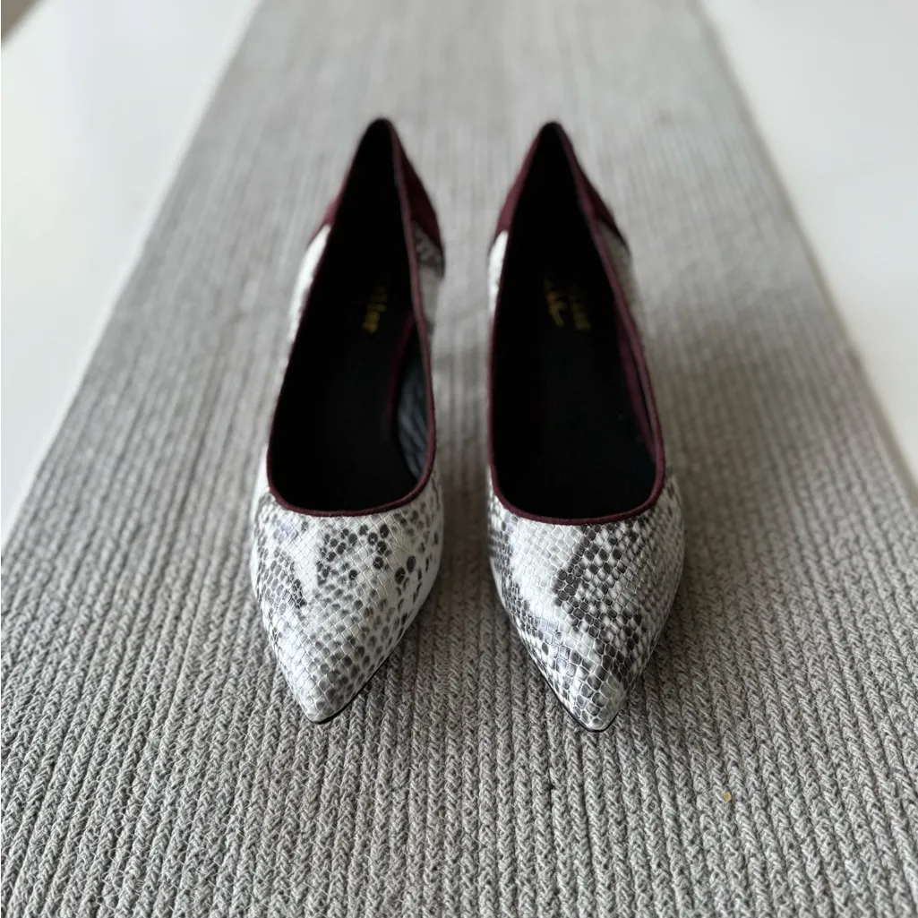 Artelier Nicole Miller Burgundy Suede White Snakeskin Metallic Heels Pumps Sz 9 Red - Image 9