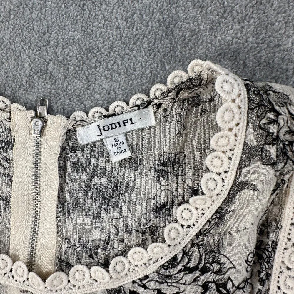 Jodifl Floral Tank Dress Size Small Lace Trim Black/Ivory Sleeveless Gauzy Boho - Image 7