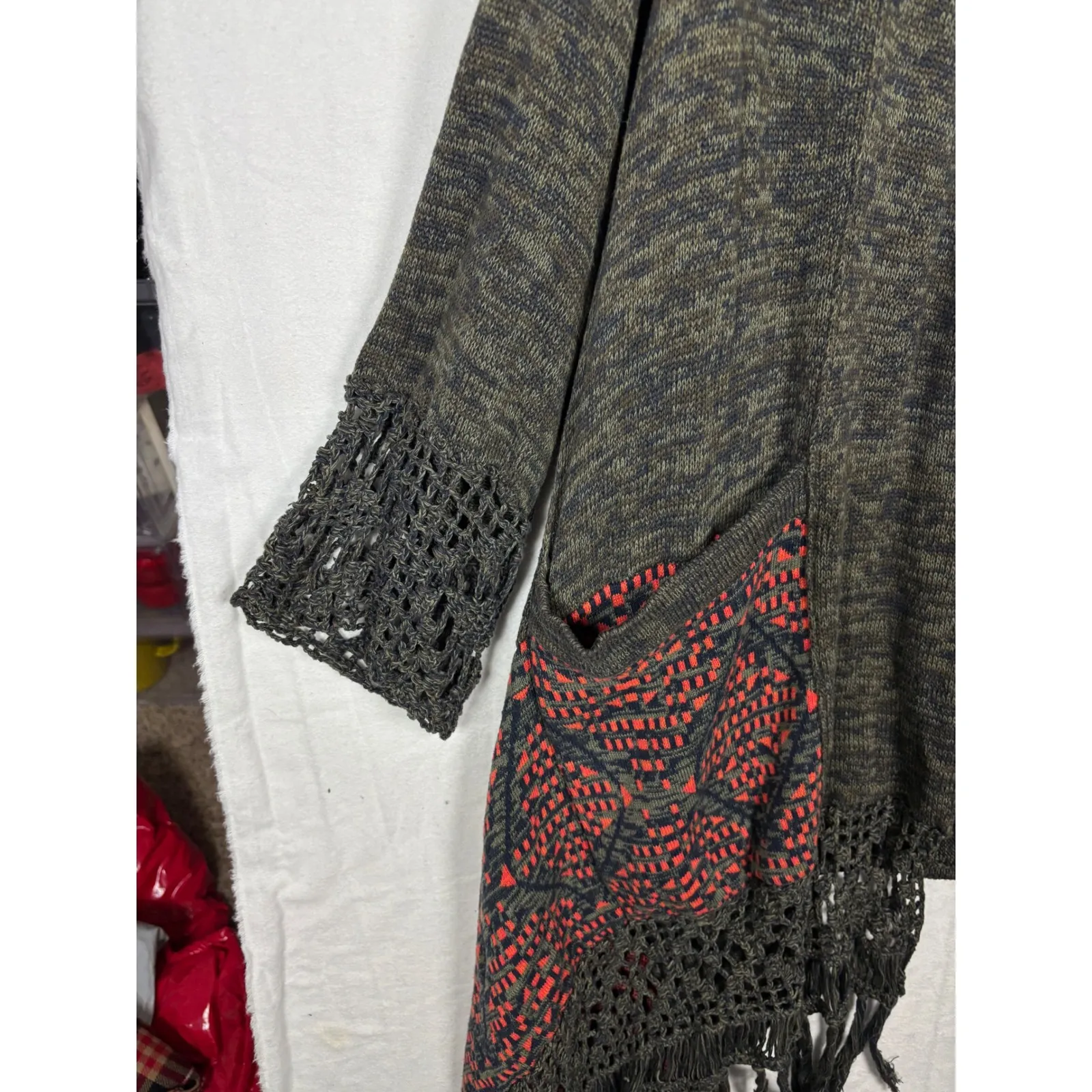 Cine Anthropologie Open Front Boho Crochet Fringe Geometric Cardigan Sweater M Green Size M - Image 4