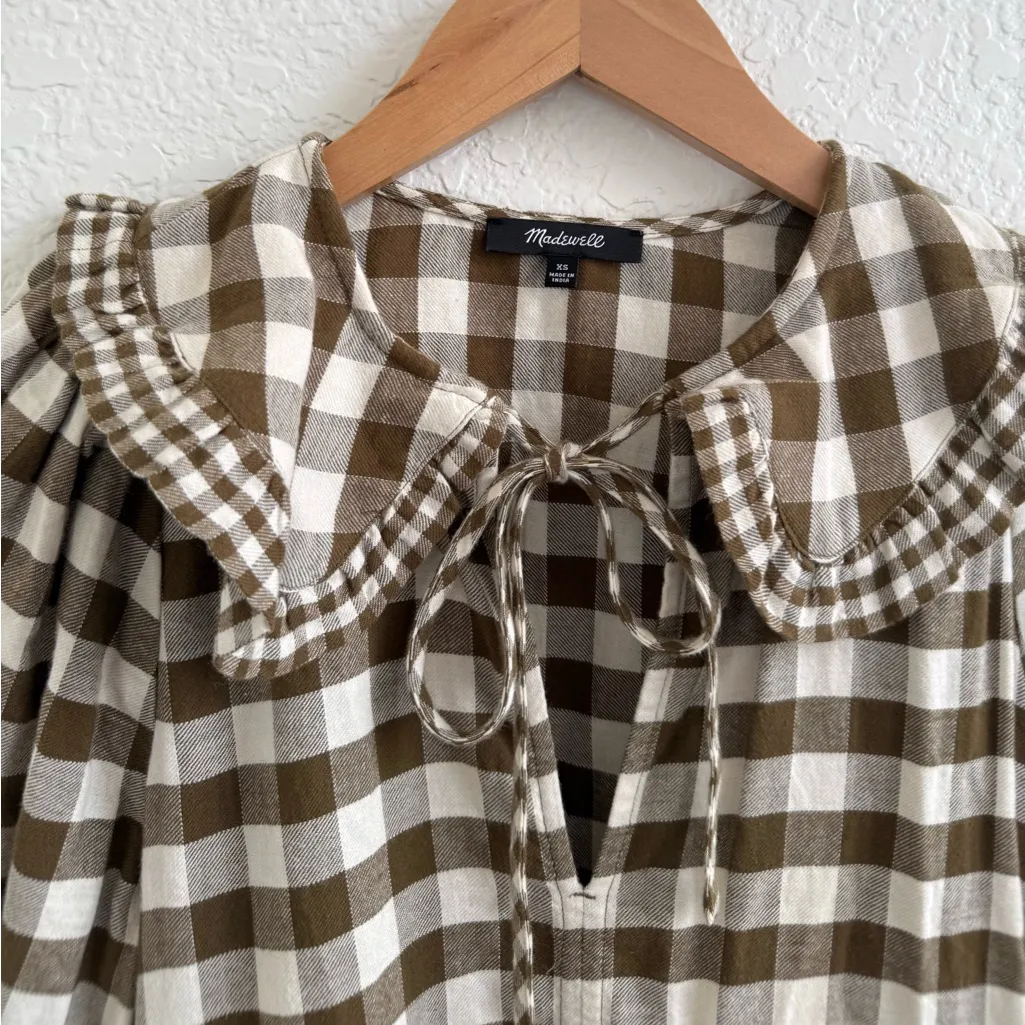 Madewell Gingham Collared Puff-Sleeve Mini Dress Cottage Core Greenish Brown XS - Image 5