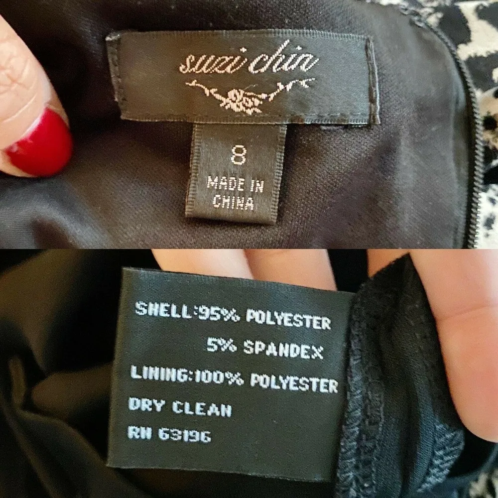 SUZI CHIN Dress Black White Sheath Blouson Animal Print Ruched Black Skirt 8 EUC - Image 6