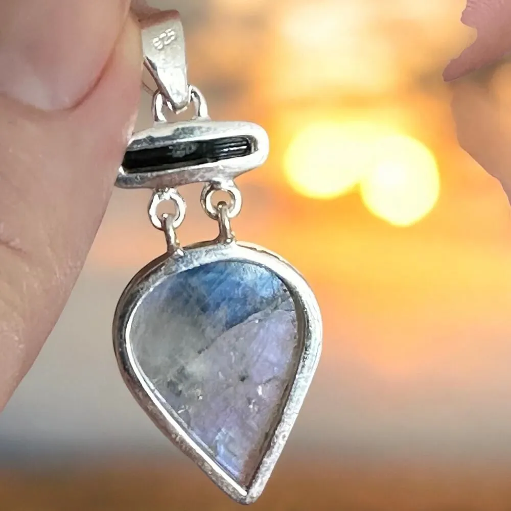 Natural Black Tourmaline In Rainbow Moonstone Sterling Silver Pendant Blue - Image 12