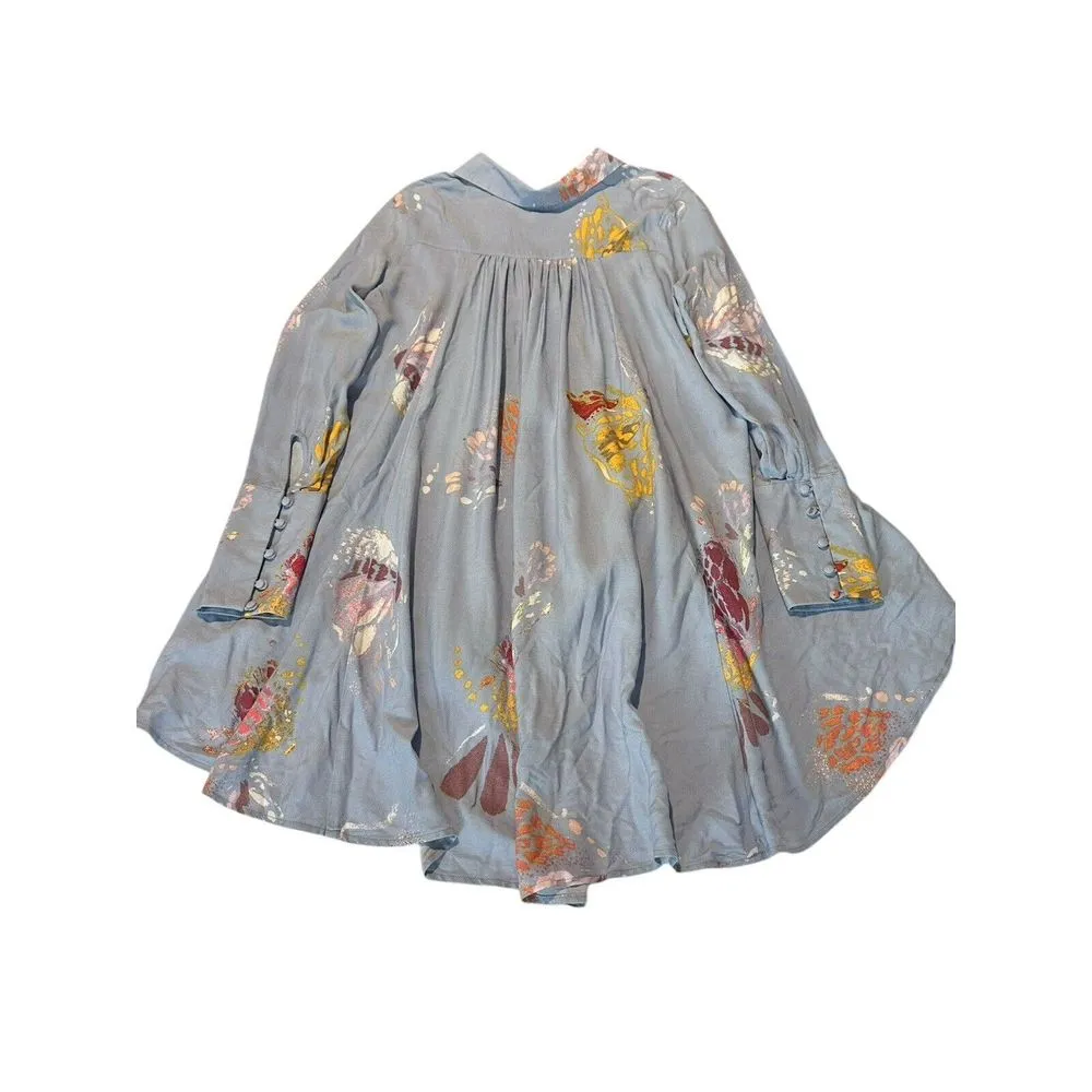 Free People Size Small Periwinkle‎ Floral Long Sleeve Tunic Blouse Women's #A2-1 - Image 9