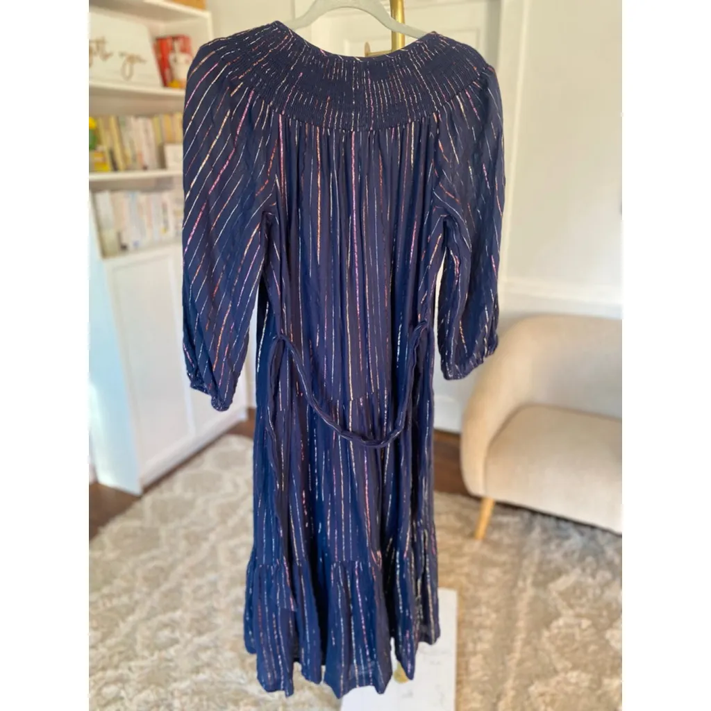 Crown & Ivy Navy Metallic Stripe Maxi Dress Smocked Quiet Luxury Elegant Gala M - Image 3