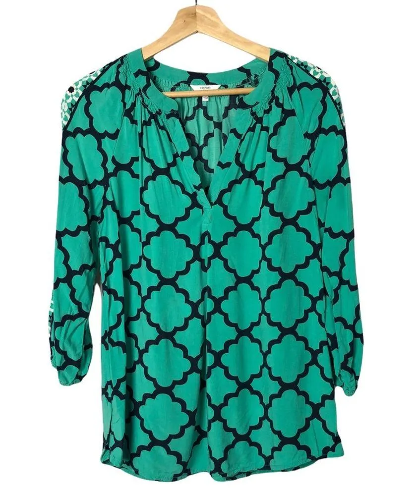Crown & Ivy Green & Blue Moroccan Medley 3/4 Sleeve Peasant Top S - Image 3