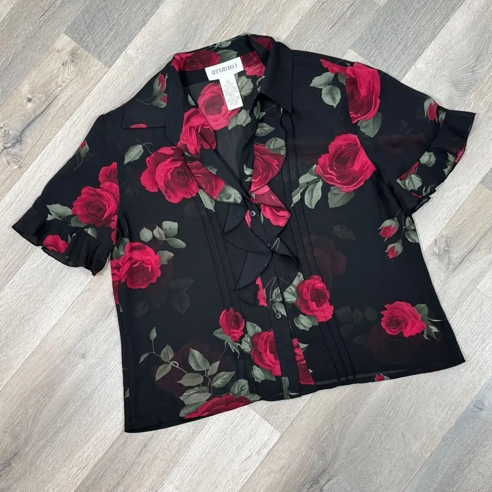 Studio I Sheer Ruffle‎ Trim Roses Floral Crop Y2K Blouse Black Red 8 Gothic Top - Image 11