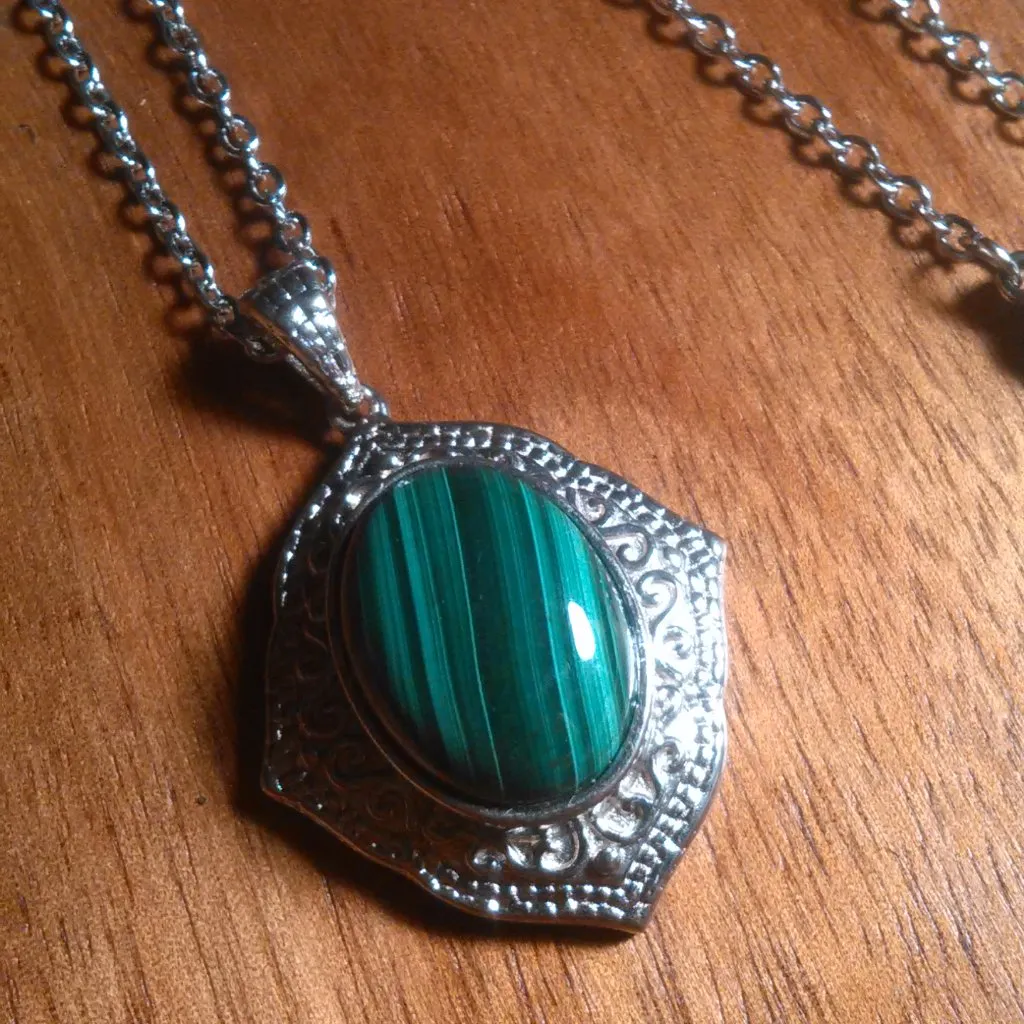 African Malachite Platinum Over Copper Pendant Stainless Steel Necklace - Image 2