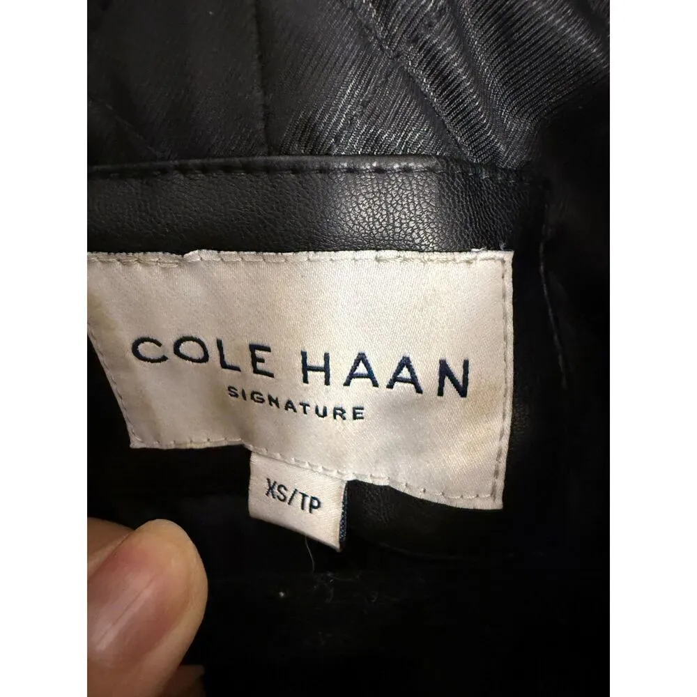 Cole Haan Black Faux Leather Moto Jacket with Removable Faux Fur Collar - Image 3
