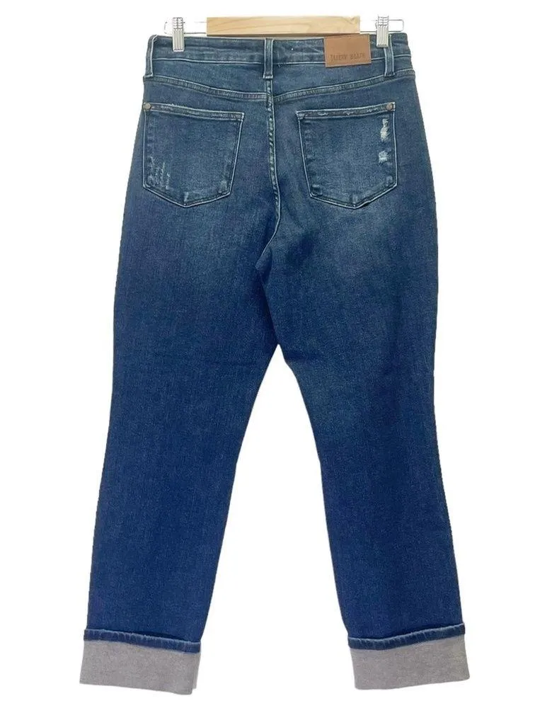 Judy Blue Buffalo Plaid Patch Midrise Cuffed Boyfriend Jeans Dark Wash Size 29 - Image 3