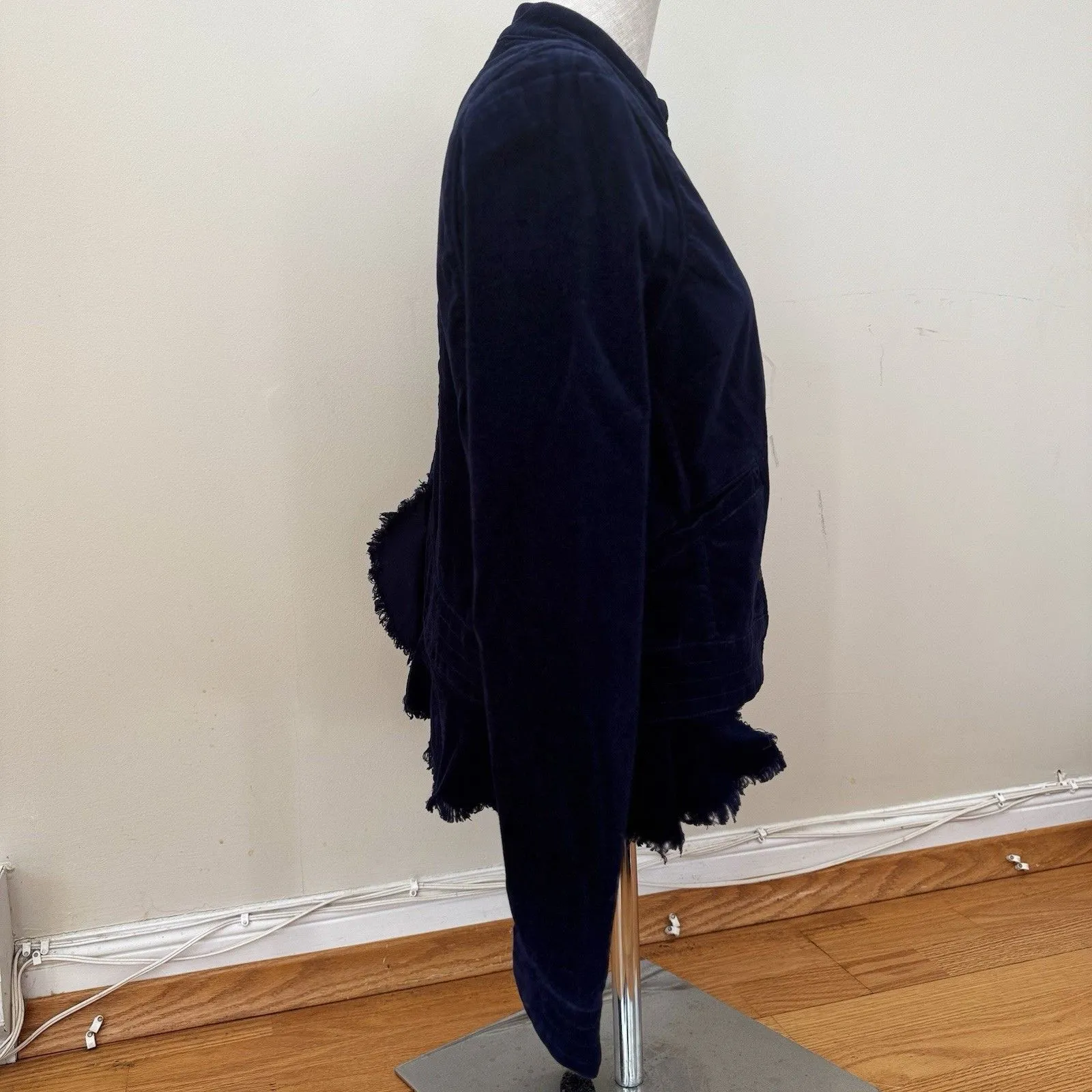 Free People Velvet Military Blazer Jacket Raw Hem Blue S GUC Boho Artsy Indie - Image 4