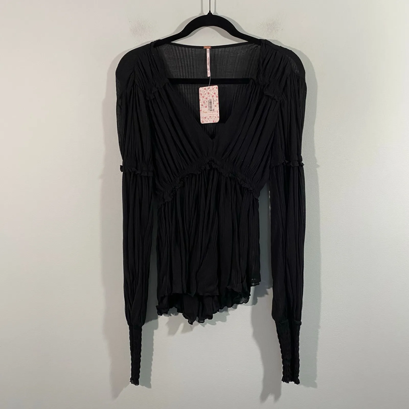 Free People Black V-neck Balloon Sleeves Long Sleeve Boho Blouse Sz S #OB1005811 - Image 8