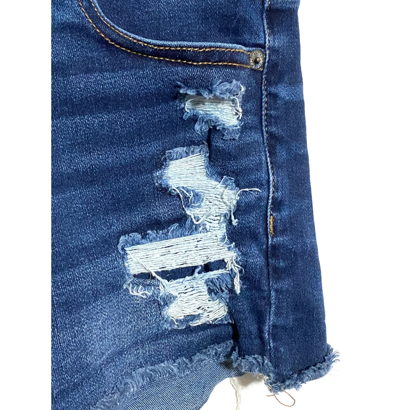 American Eagle Hi Rise Shortie Jean Shorts 4 Stretch Distressed Destoyed Raw Hem - Image 3
