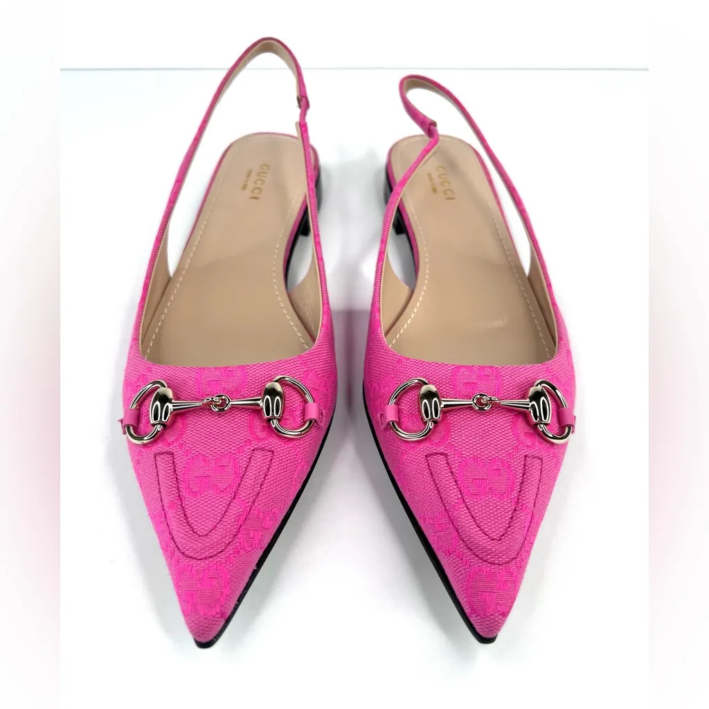 Gucci Horsebit GG Supreme Pink Canvas Slingback Charlotte Ballet Flats EU 39.5 - Image 4
