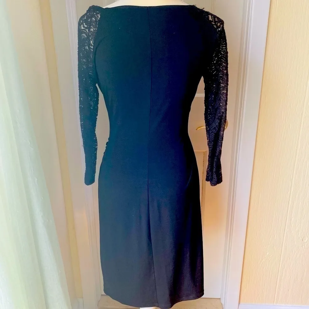 - London Times Black Jersey Wrap Dress. Size 10. Lace Sleeves. - Image 4