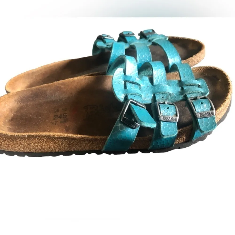 Birkenstock Birki” Xenia Teal Snakeskin Slip On Sandals Sz 38/7 Triple Buckle - Image 3