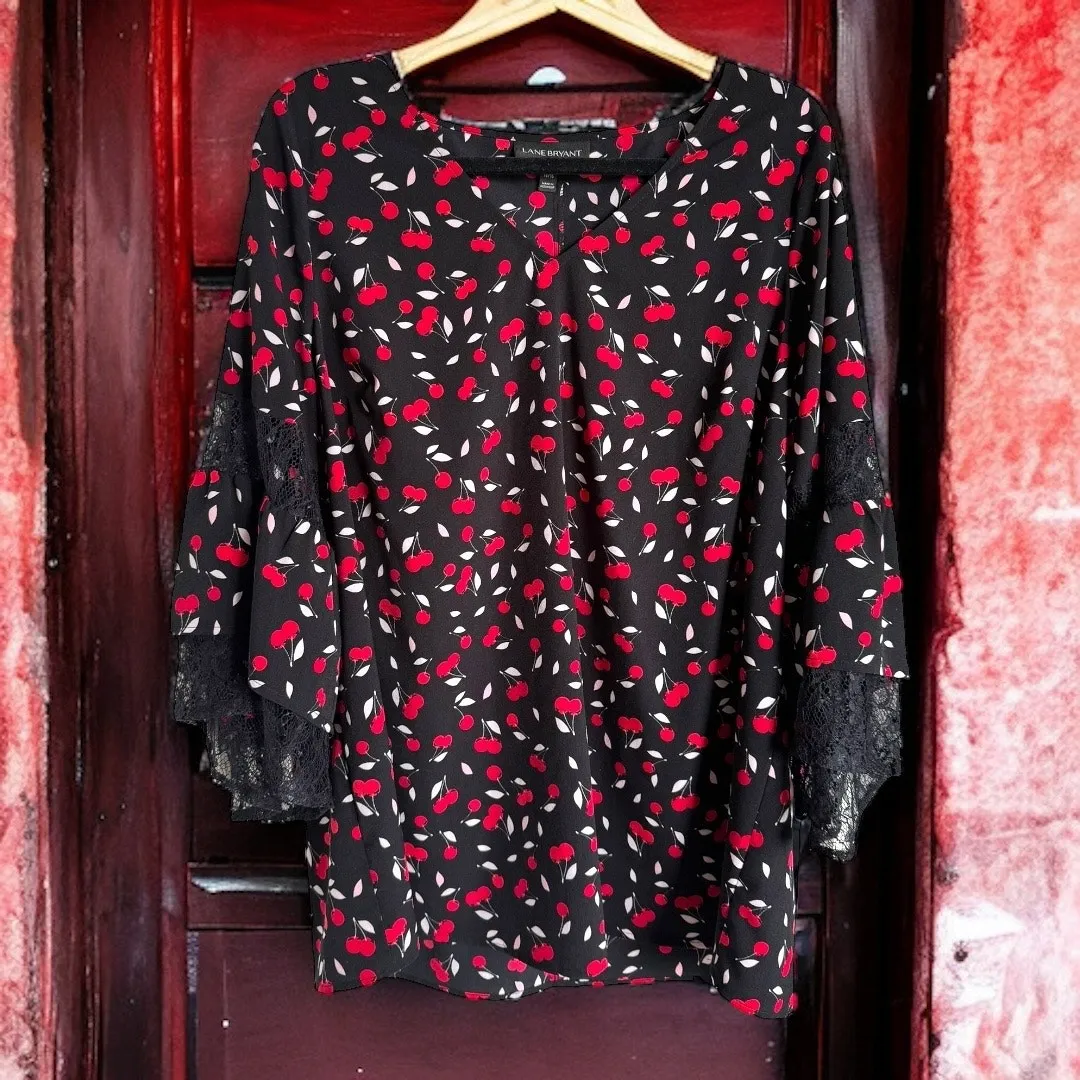Lane‎ Bryant Womens Blouse Sz 14 16 Cherry Print Black Lace Bell Sleeve Red - Image 2