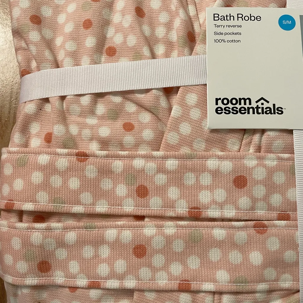 New Women’s Room Essentials Blush Polka Dot Robe Cotton Terry size Small/Medium Pink - Image 5