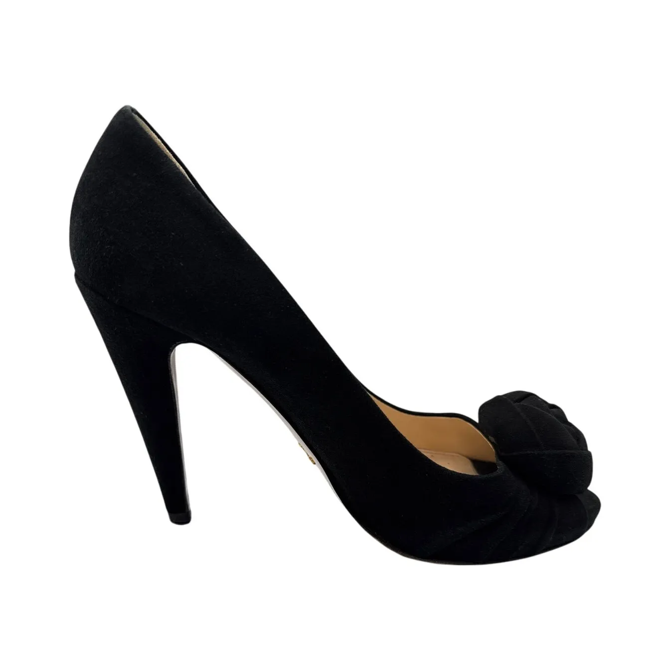 Prada Rosette Peep Toe Black Suede High Heel Pumps Size 38.5 - Image 4