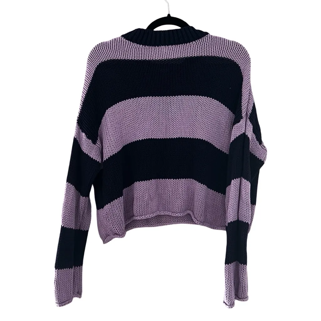 AERIE Striped Knit Purple Blue Crew Neck Cropped Sweater Sz S - Image 3