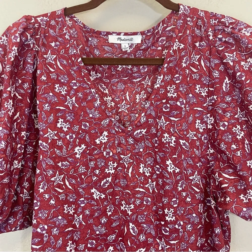 Madewell V neck Puff Sleeve Top In‎ Floral Batik Vine Weathered Brick Size S - Image 5